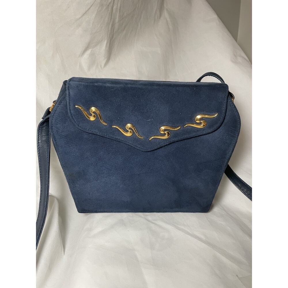 Vtg Bellido by Susan Gail Navy Suede Leather Handbag Gold Hardware Spain Purse